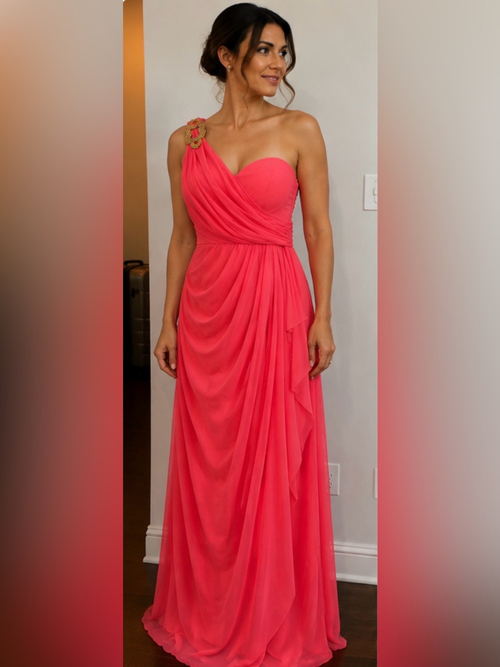 XSCAPE by Joanna Chen Coral Pink One Shoulder Beaded Evening Gown Size 8